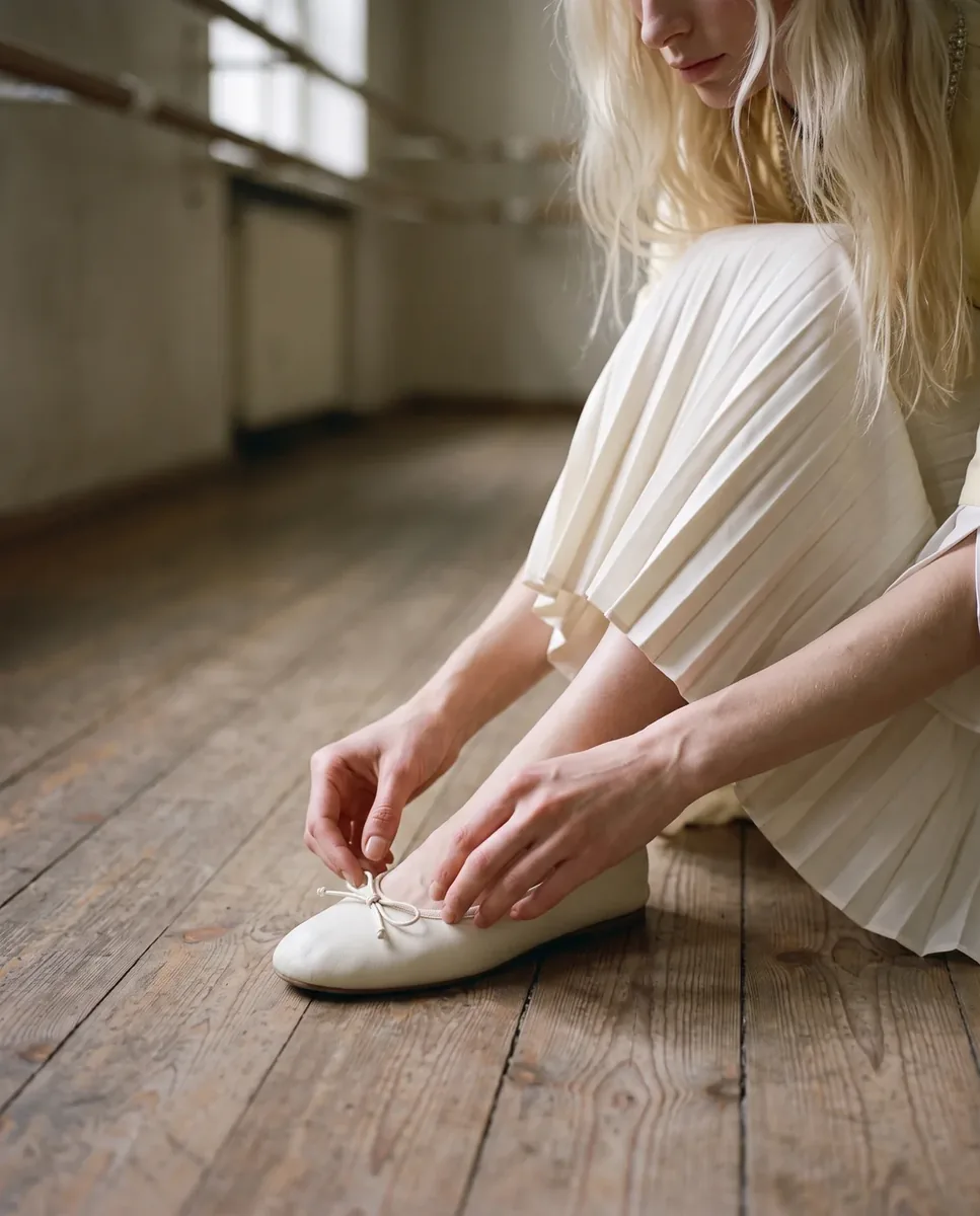 Campaña: la modelo se ata una chatita sobre el piso de madera de la sala de ensayo