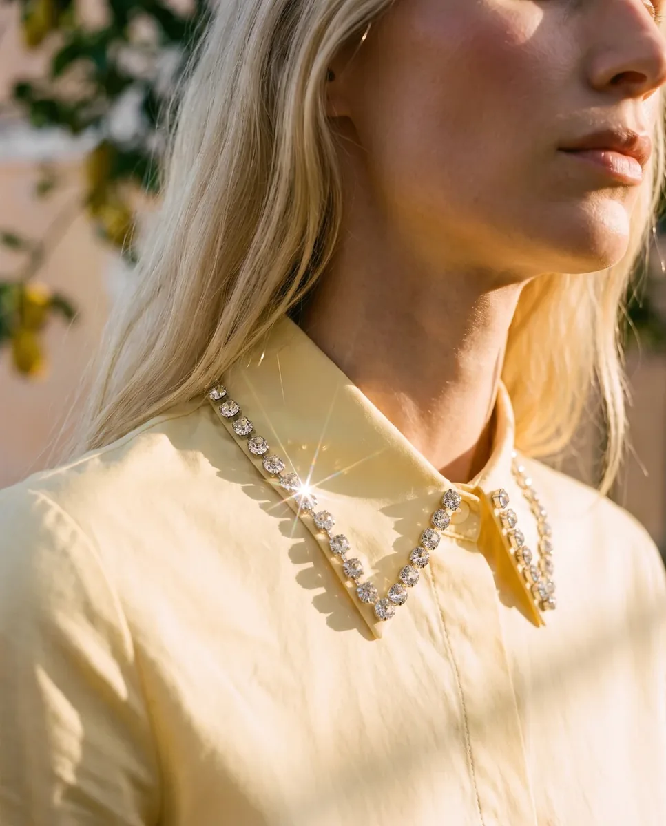 Campaña: el cuello de strass brillando con la luz de la tarde