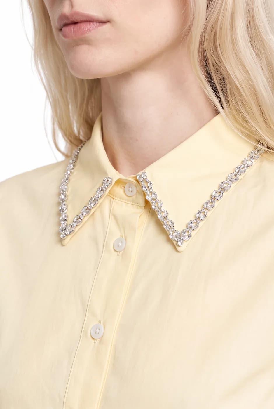 Detalle del cuello de la camisa, bordado con strass