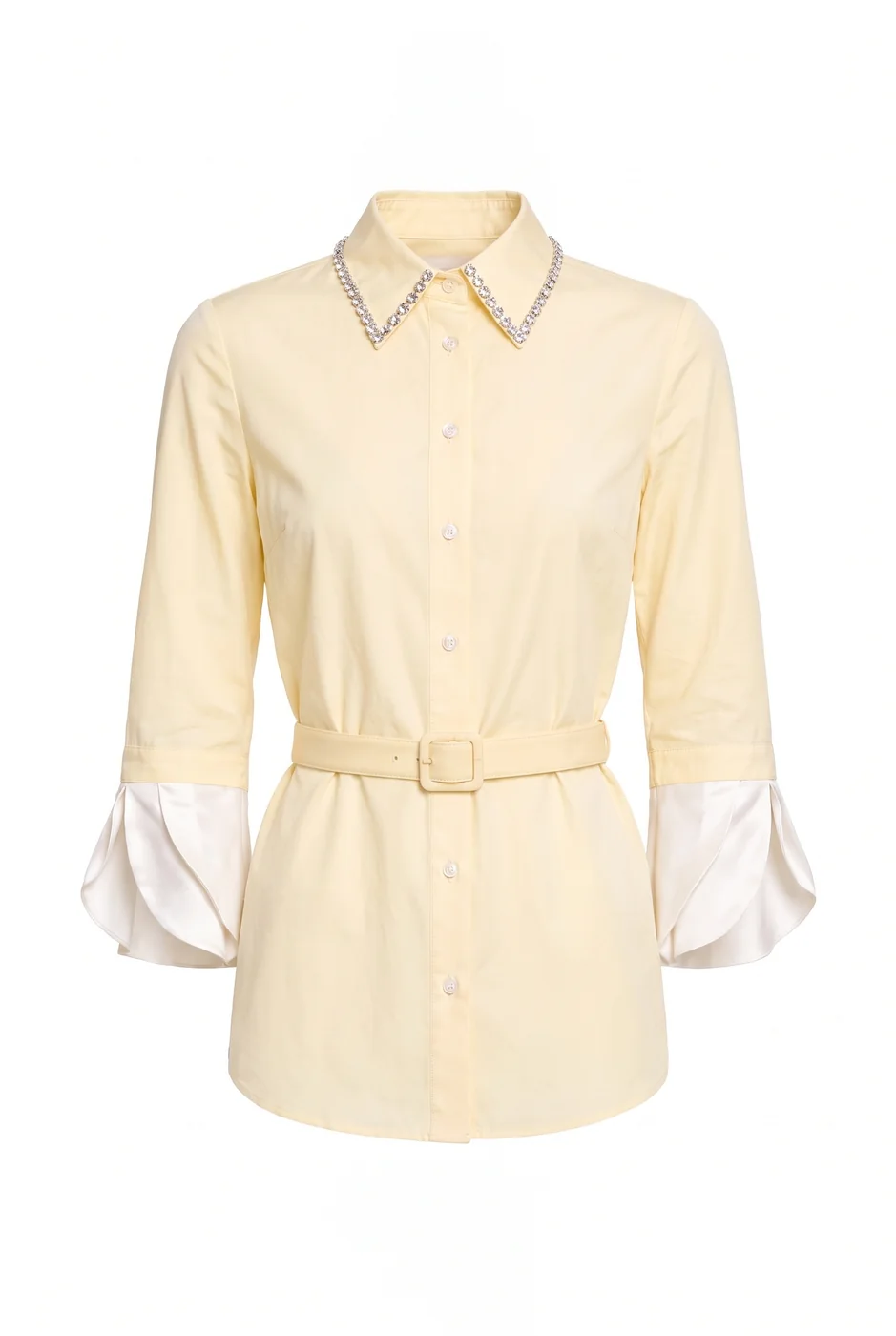 La camisa amarilla en maniquí invisible, con volumen y sin cuerpo
