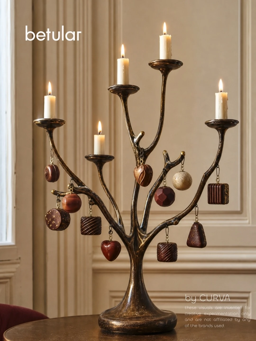 Candelabro de bronce con forma de árbol, cinco velas encendidas y bombones colgando de cadenitas, sobre mesa dorada y pared beige; logo betular arriba