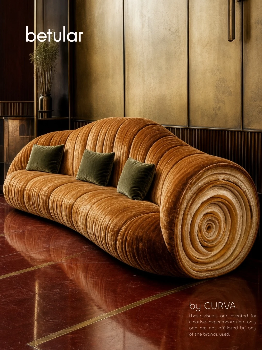 Sofá curvo de terciopelo acanalado color caramelo con brazo enrollado y tres almohadones verdes, en una sala de paredes doradas y piso de mármol bordó