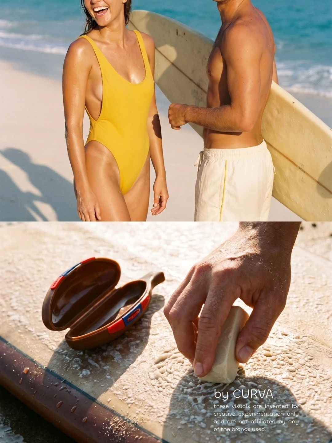 Díptico: pareja en la playa con malla enteriza amarilla y short de baño crudo, y abajo una mano encerando la tabla junto a un estuche marrón