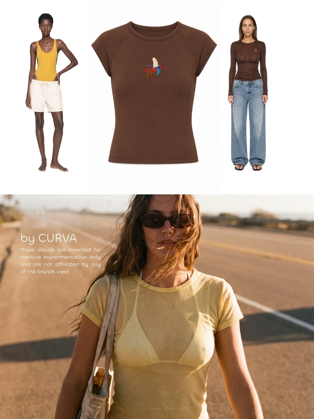 Grilla de productos sobre fondo blanco —malla amarilla, remera marrón con banana, jean— y abajo modelo en la ruta con remera amarilla translúcida