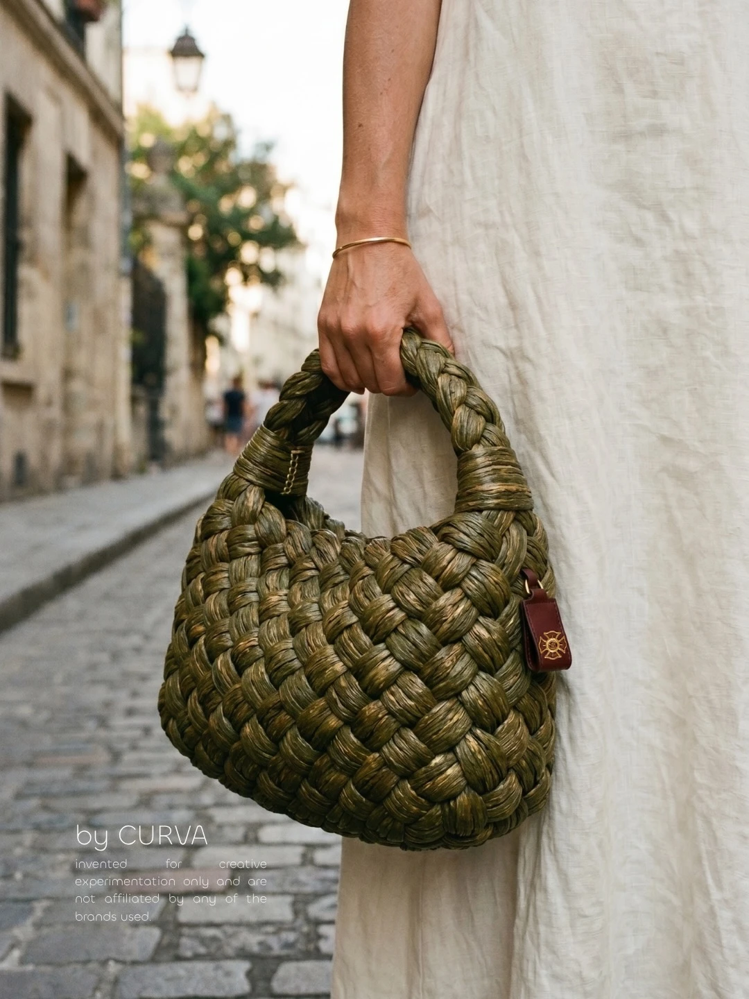 Mano que sostiene una cartera tejida en trenza gruesa verde oliva con dije de cuero bordó, junto a un vestido de lino crudo, en calle empedrada