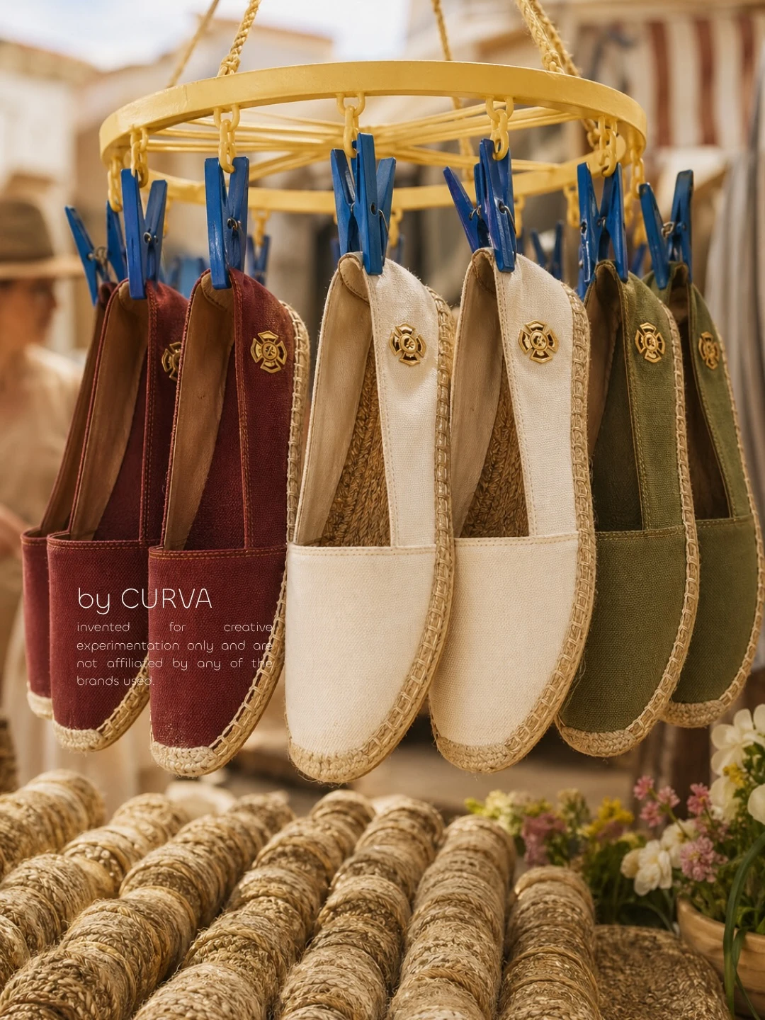 Alpargatas de lona bordó, crudo y verde oliva colgadas con broches azules de un tendedero circular amarillo, en un puesto de feria al sol