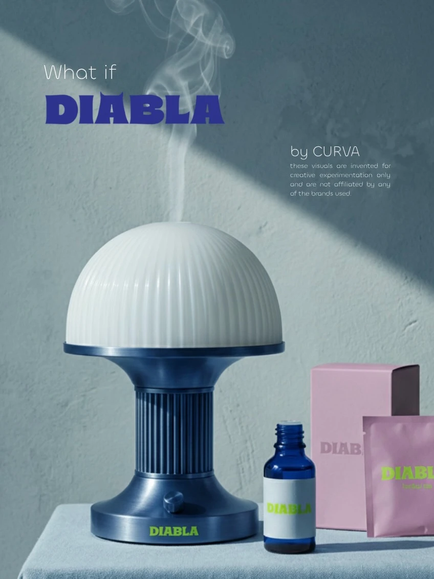 Difusor de aromas con forma de lámpara hongo, base azul y cúpula blanca echando vapor, junto a un frasco y packaging rosa con el logo DIABLA