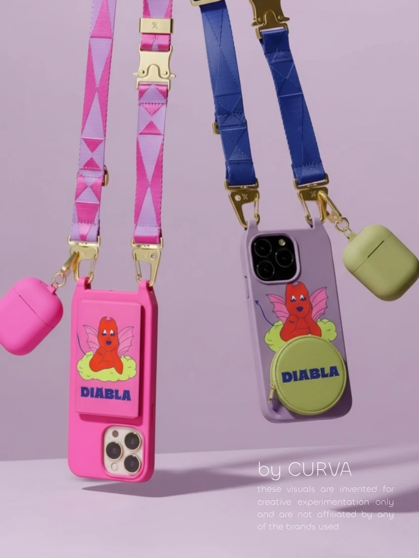 Dos fundas de celular con correa, una rosa y otra lila, con un diablito ilustrado y el logo DIABLA, colgadas sobre fondo violeta con estuches y monedero