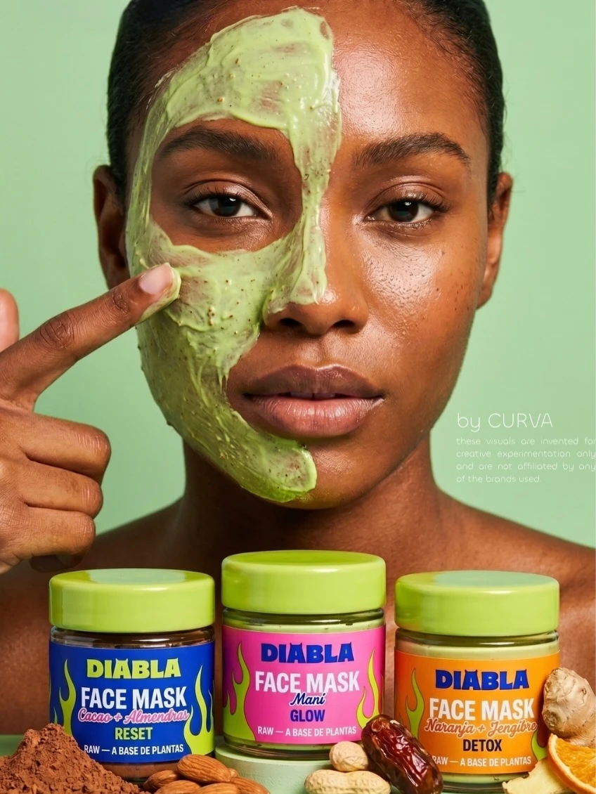 Modelo con media cara cubierta por una máscara facial verde, señalándose la mejilla, con tres frascos de Face Mask DIABLA en primer plano sobre fondo verde