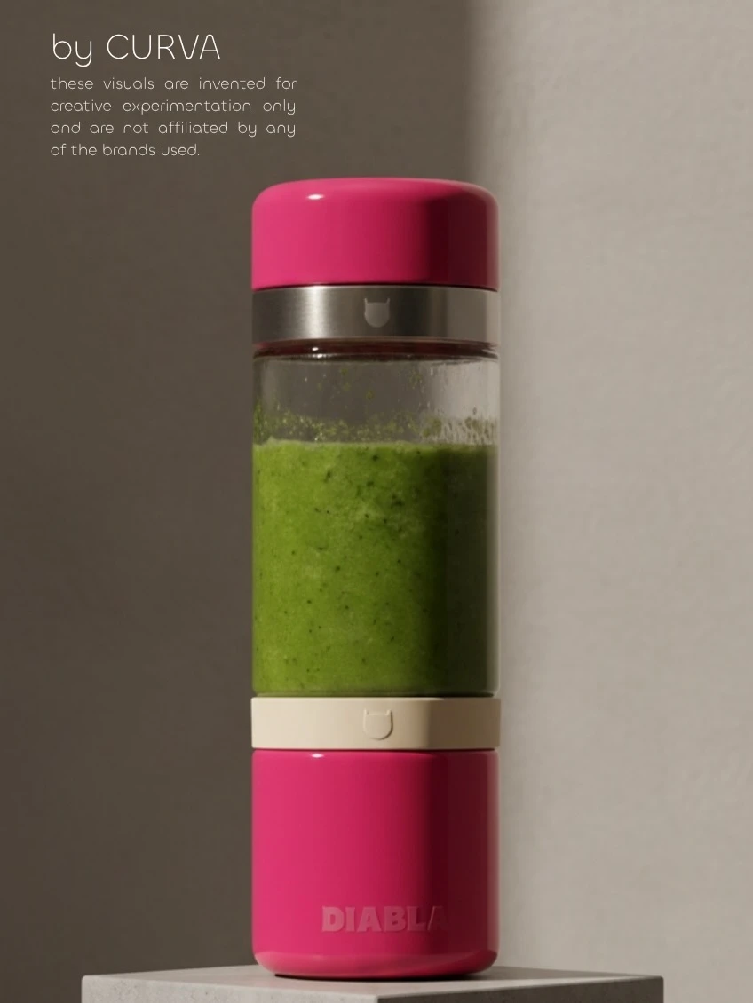 Licuadora portátil rosa fucsia con el vaso lleno de jugo verde y el logo DIABLA en relieve, apoyada sobre un pedestal de cemento y fondo neutro