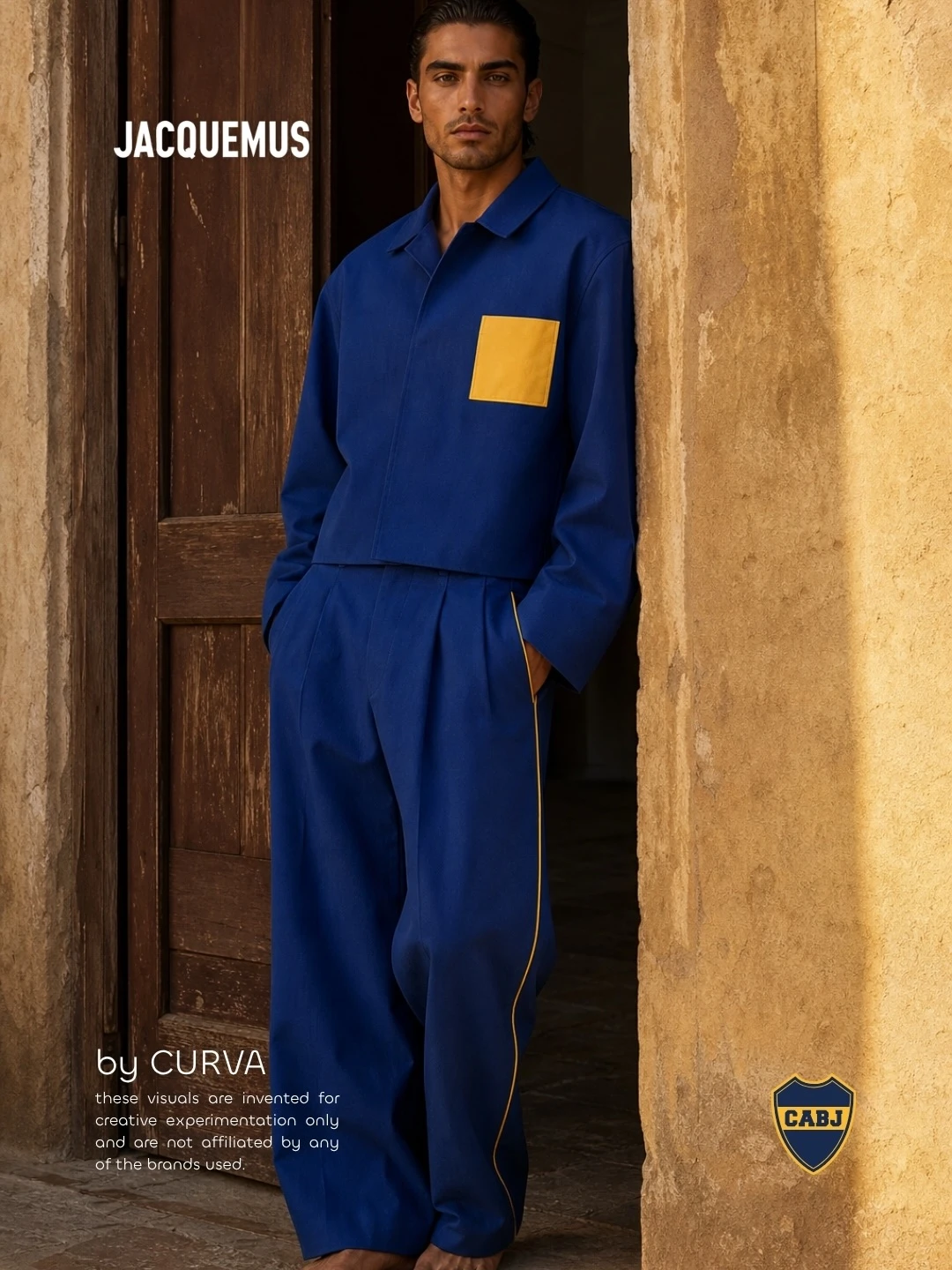 Modelo masculino descalzo en el umbral de una casa de piedra, con camisa azul de bolsillo amarillo y pantalón ancho azul con vivo amarillo al costado