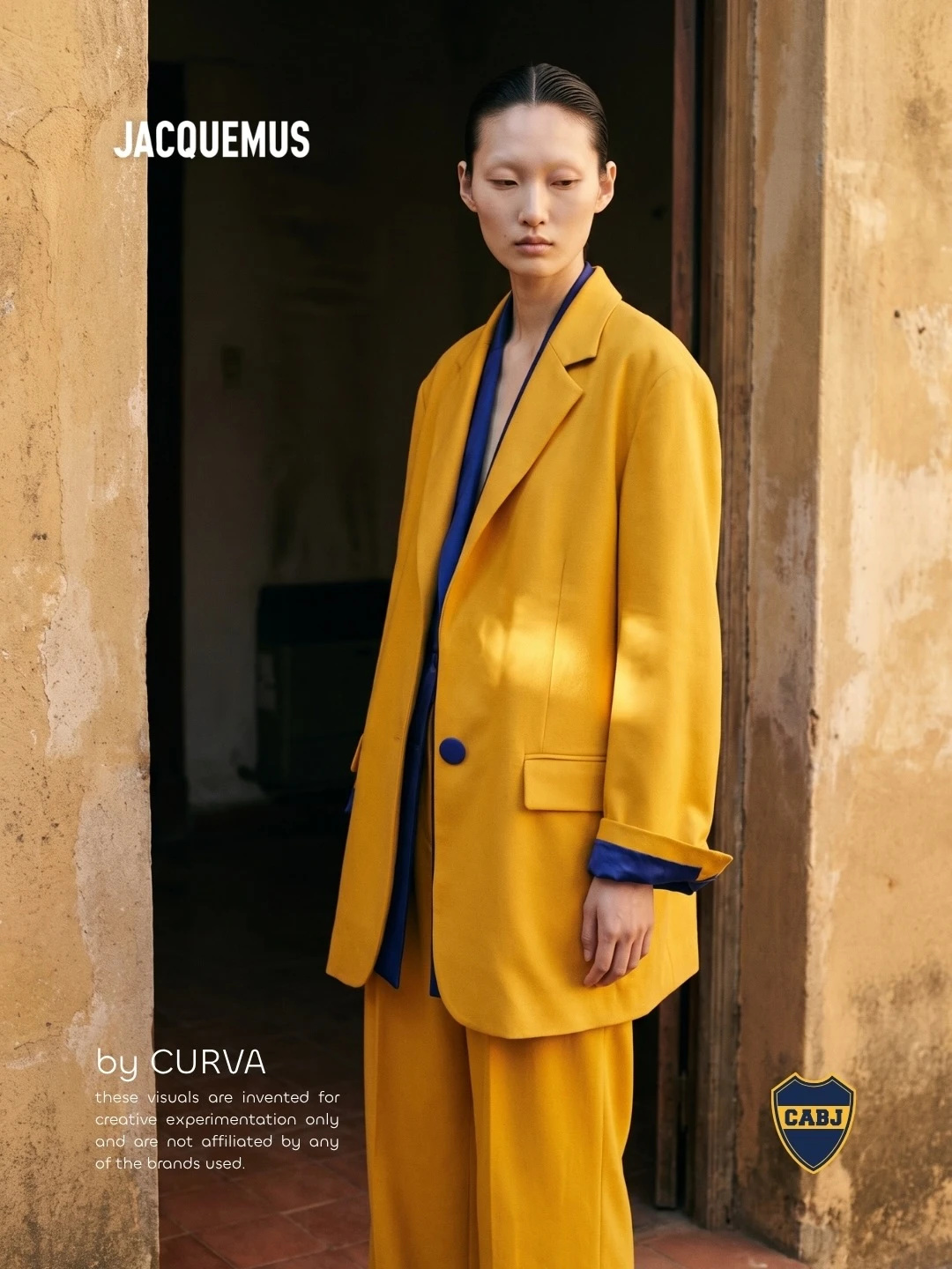 Modelo con blazer amarillo oversize de botón azul sobre camisa azul y pantalón amarillo, parada en el umbral de una pared descascarada