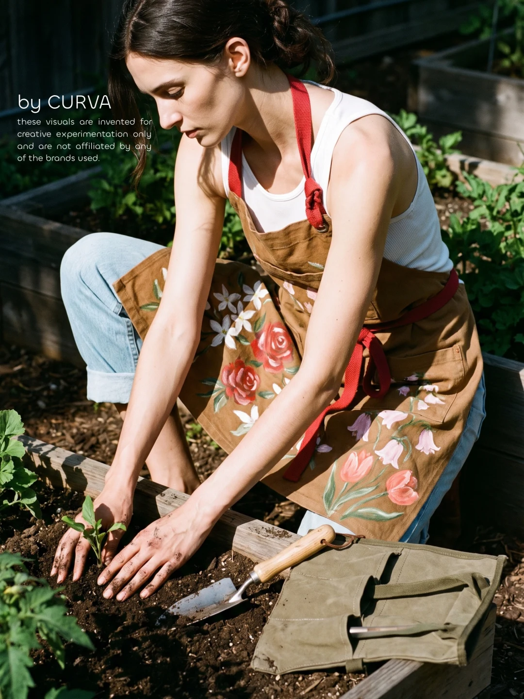 Mujer agachada plantando un plantín en un cantero de madera, con delantal de lona tostada pintado con rosas y tulipanes, tiras rojas y un estuche de herramientas de jardín