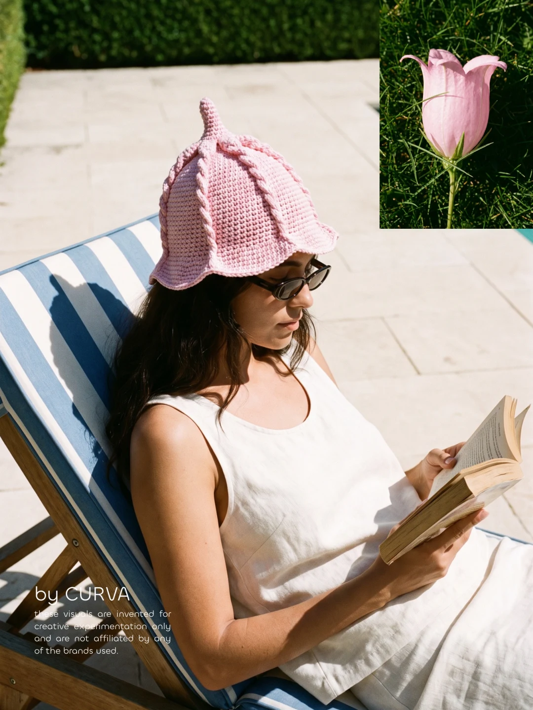 Mujer leyendo en una reposera a rayas con un gorro de crochet rosa con forma de campanilla y anteojos negros, junto a un recuadro de la flor rosa en el pasto