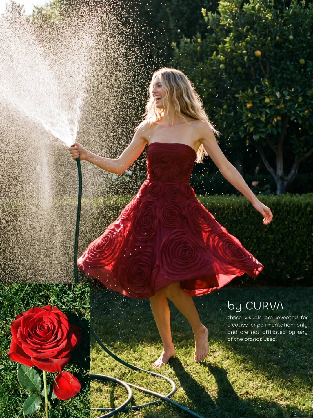Modelo girando con un vestido rojo strapless de rosas aplicadas mientras riega con una manguera bajo naranjos, con un recuadro de una rosa roja abajo a la izquierda