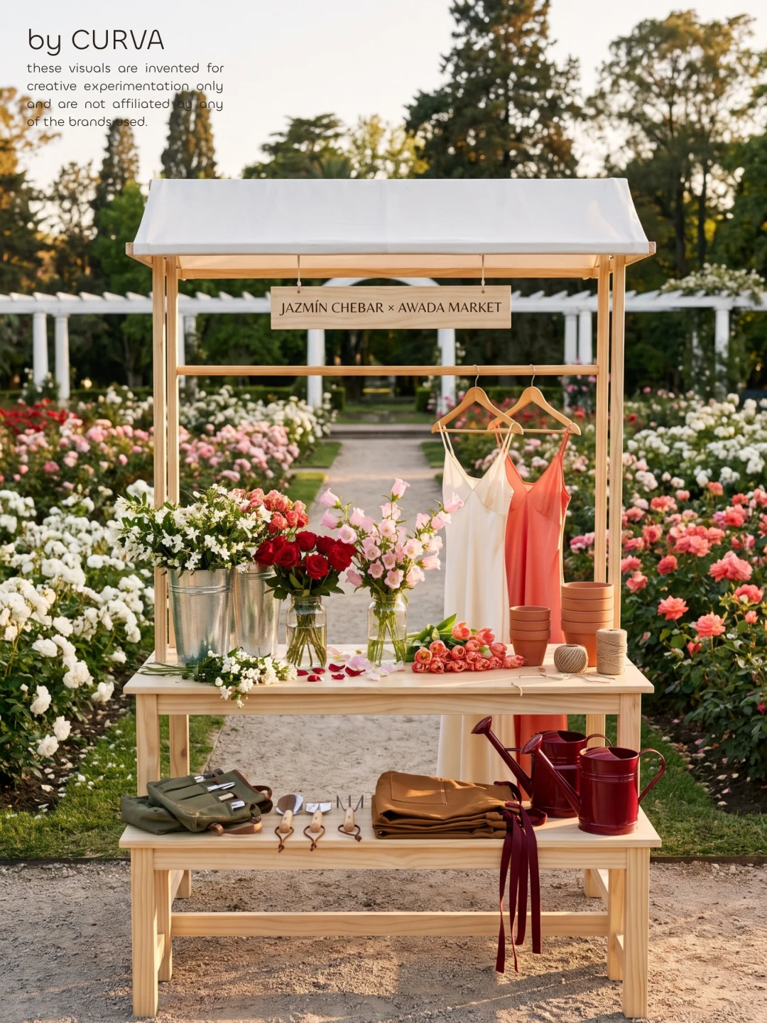 Puesto de madera con techo de lona y cartel Jazmín Chebar x AWADA Market en un jardín de rosales, con ramos, dos vestidos lenceros colgados, regaderas bordó y delantales