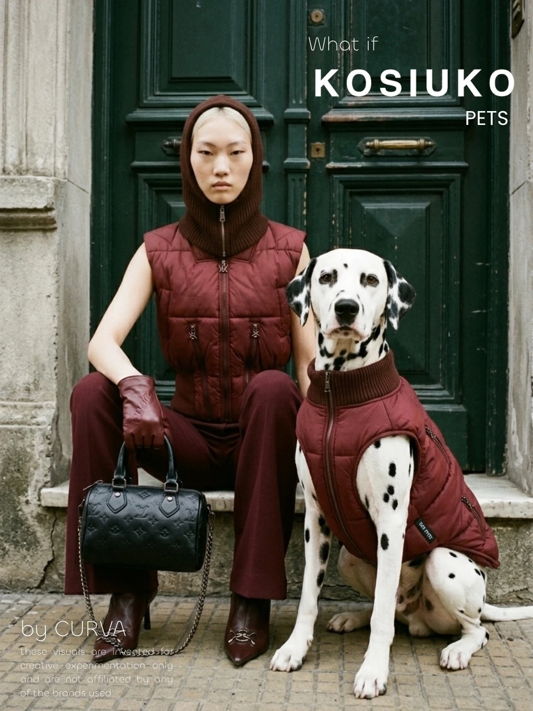 Modelo con balaclava marrón, chaleco puffer bordó y guantes de cuero sentada en un umbral junto a un dálmata con chaleco al tono; arriba el texto KOSIUKO PETS