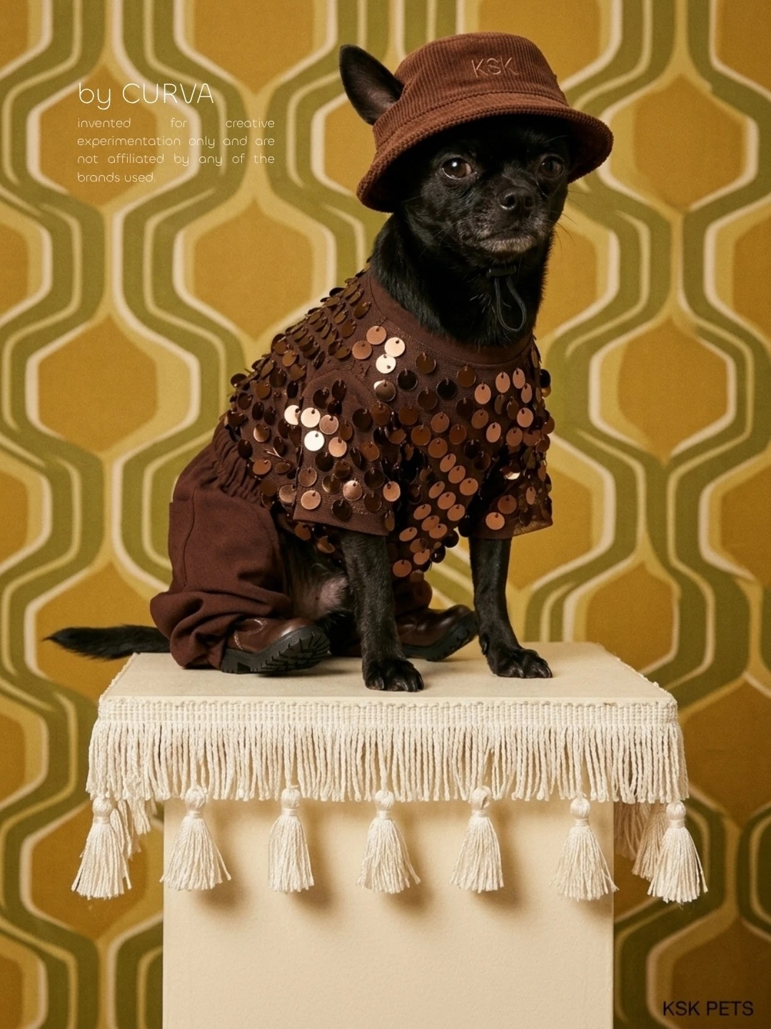 Chihuahua negro con gorro de corderoy marrón y remera de lentejuelas bronce, sentado sobre una banqueta con flecos y papel mural setentoso verde y mostaza