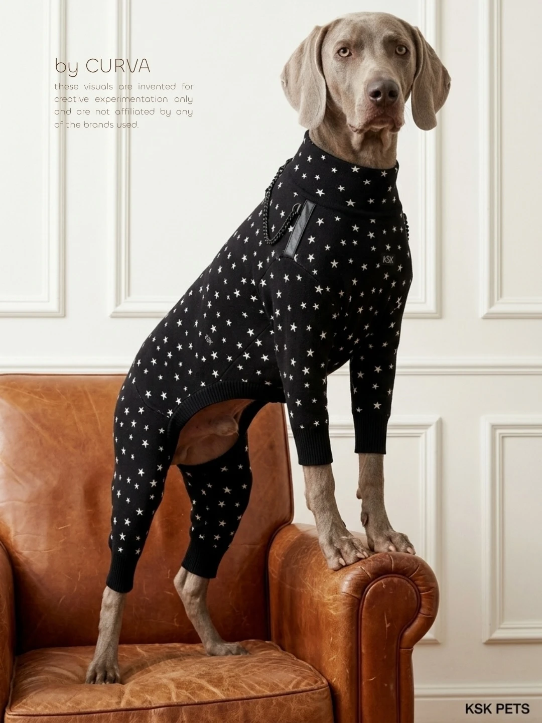Weimaraner parado sobre un sillón de cuero marrón con un enterito negro de estrellas blancas, contra boiserie blanca; abajo el texto KSK PETS