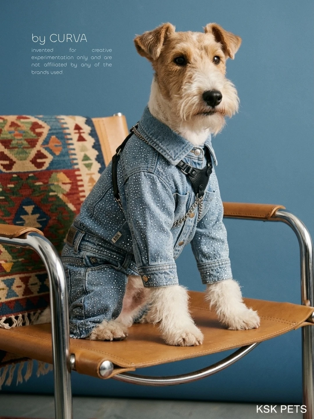 Fox terrier de pelo duro sentado en una silla de cuero y caño, con campera y pantalón de jean con strass y arnés negro, sobre fondo azul