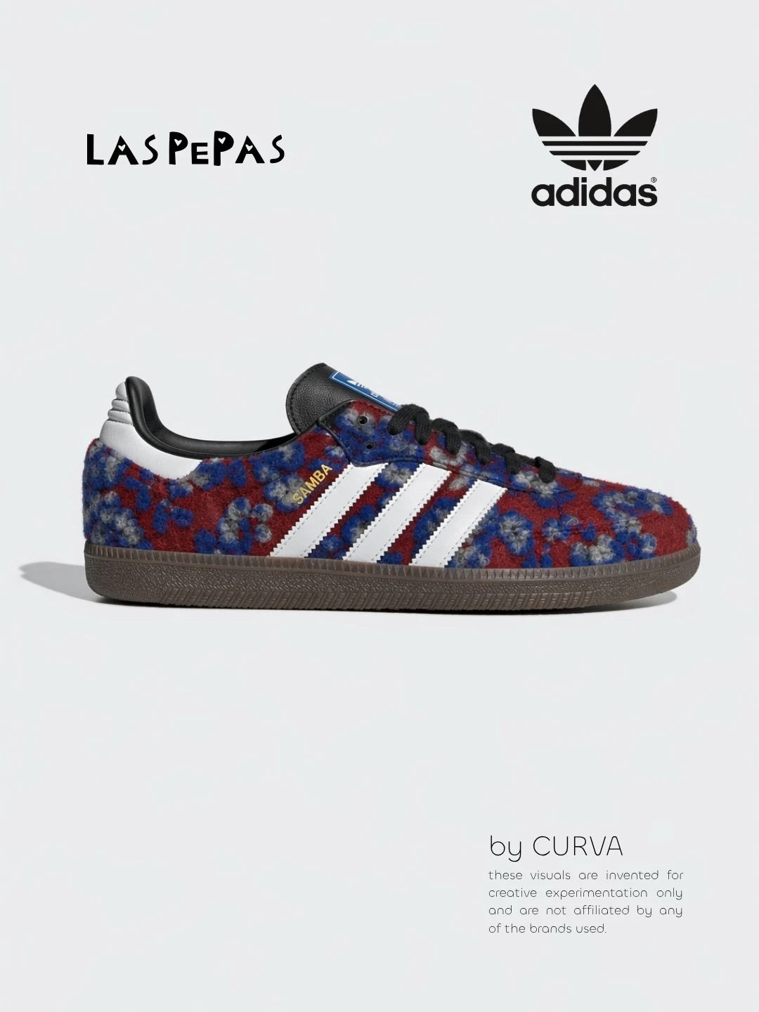 Zapatilla adidas Samba de lana floral bordó y azul con tres tiras blancas y suela de goma marrón, de perfil sobre fondo gris claro de catálogo