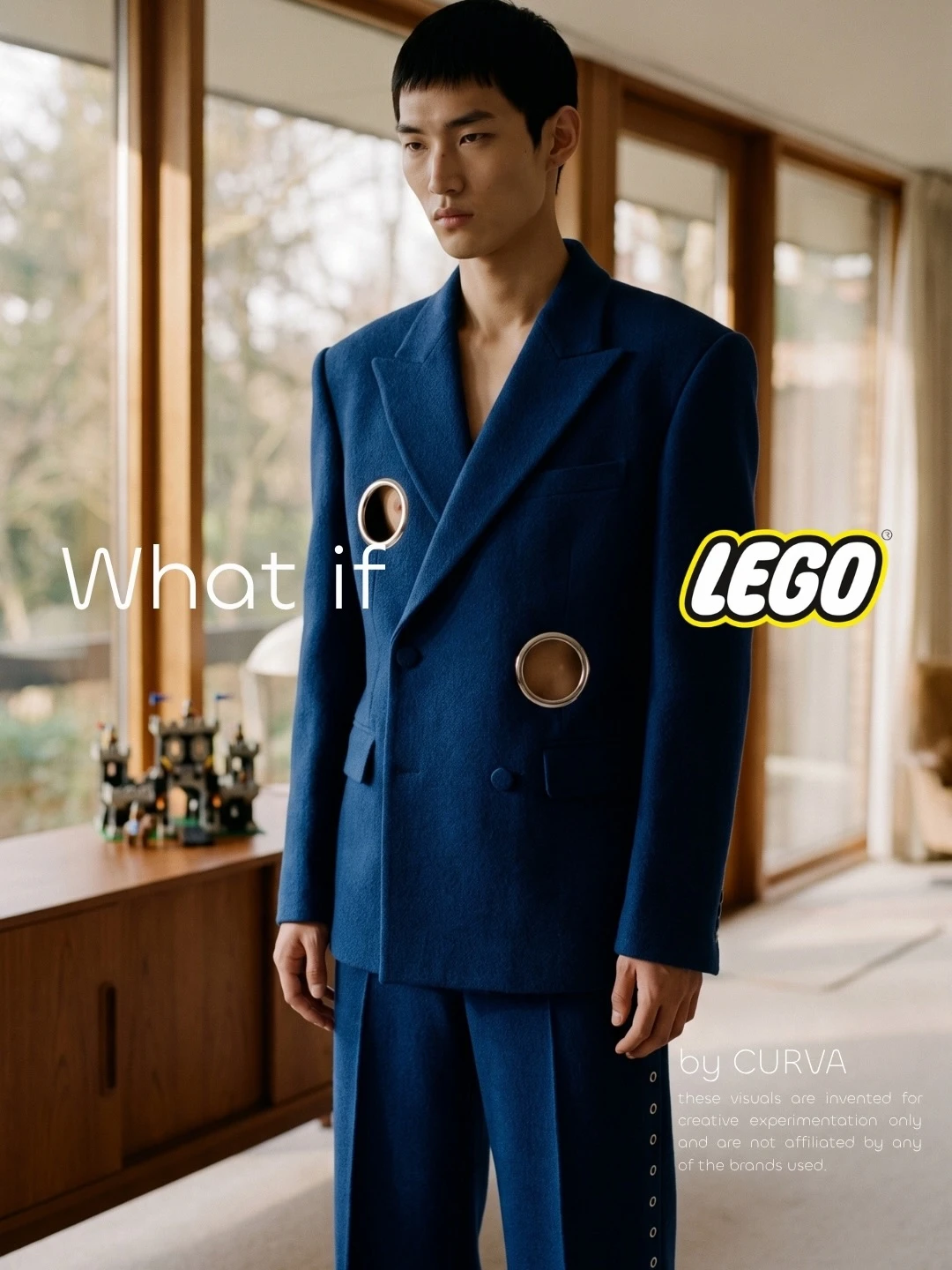 Modelo con traje de lana azul con dos ojales metálicos en el saco, en un living moderno con un castillo de bloques; logo LEGO sobreimpreso