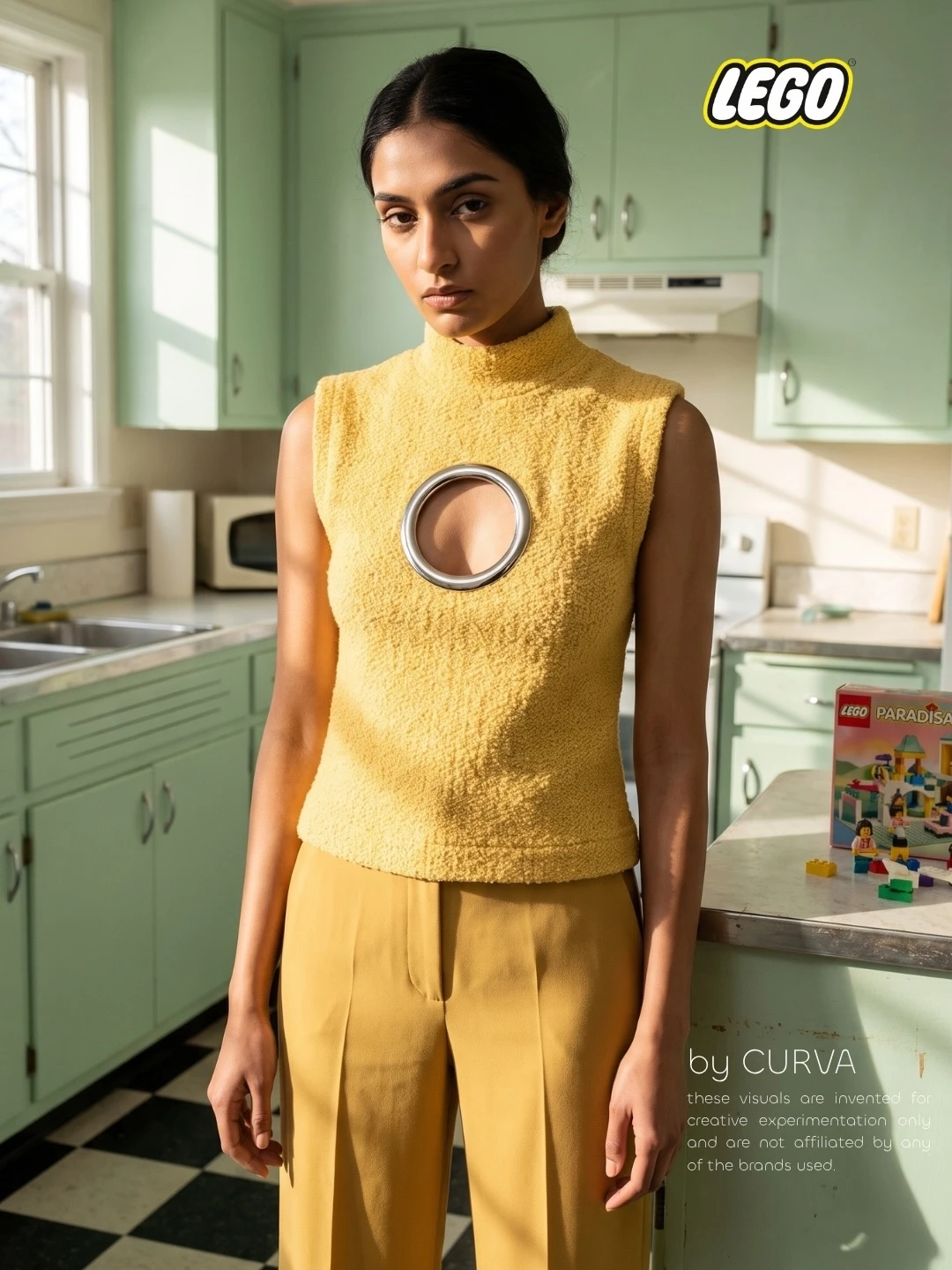 Modelo con top amarillo sin mangas con aro metálico al frente y pantalón amarillo, en una cocina verde agua con una caja de LEGO sobre la mesada
