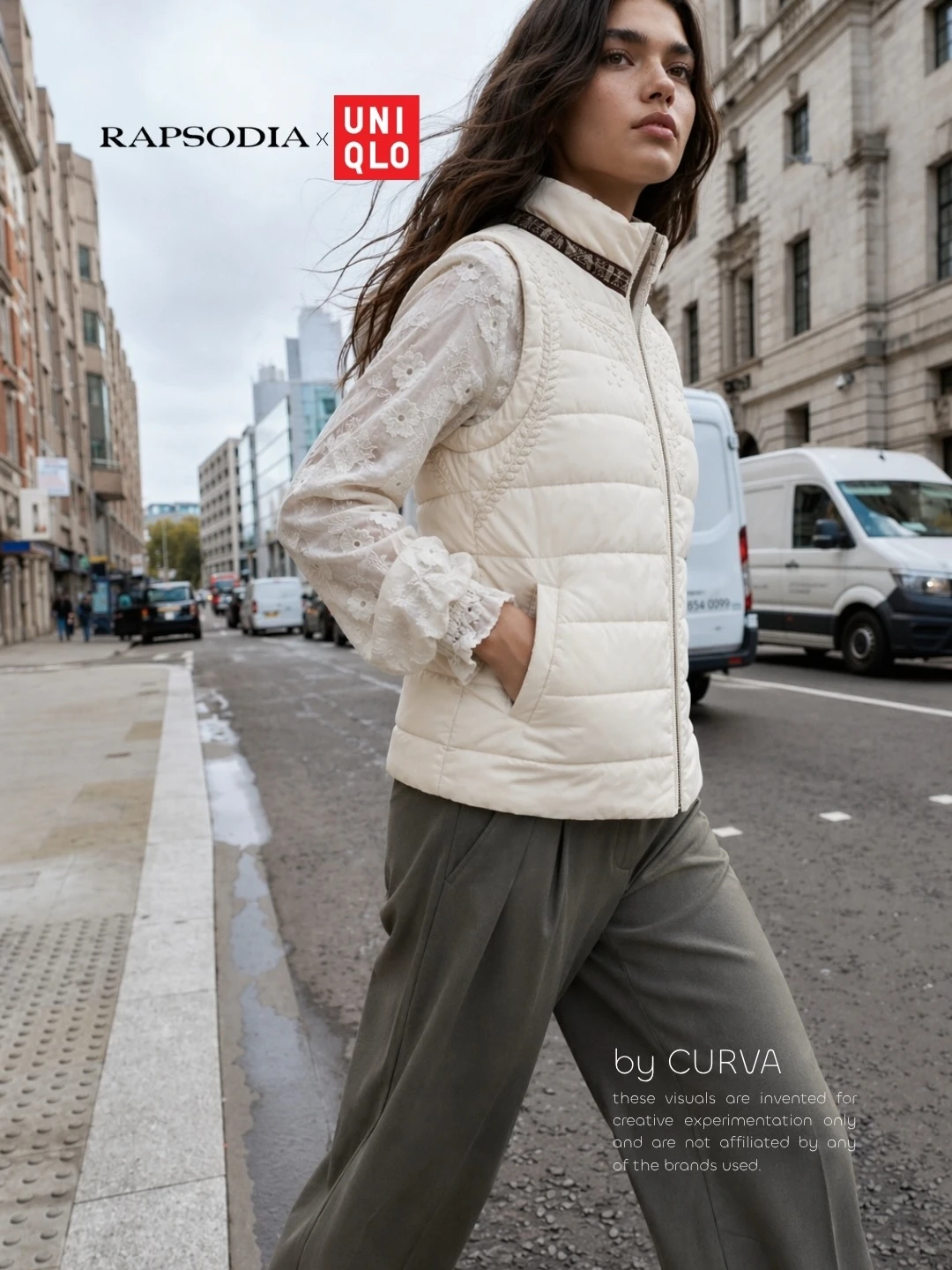 Modelo cruza una calle de ciudad con chaleco inflable crudo bordado sobre blusa de encaje y pantalón oliva; arriba, los logos Rapsodia y Uniqlo