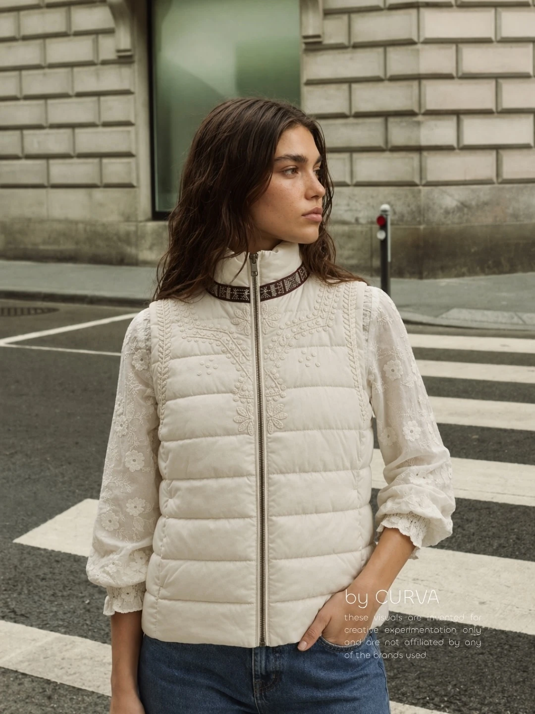 Modelo parada sobre una senda peatonal con chaleco inflable crudo bordado abierto, blusa de encaje y jean, frente a un edificio de piedra
