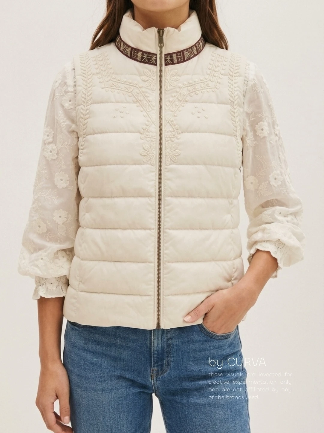 Plano de torso con chaleco inflable crudo bordado y cierre metálico sobre blusa de encaje y jean azul, sobre fondo gris claro de estudio
