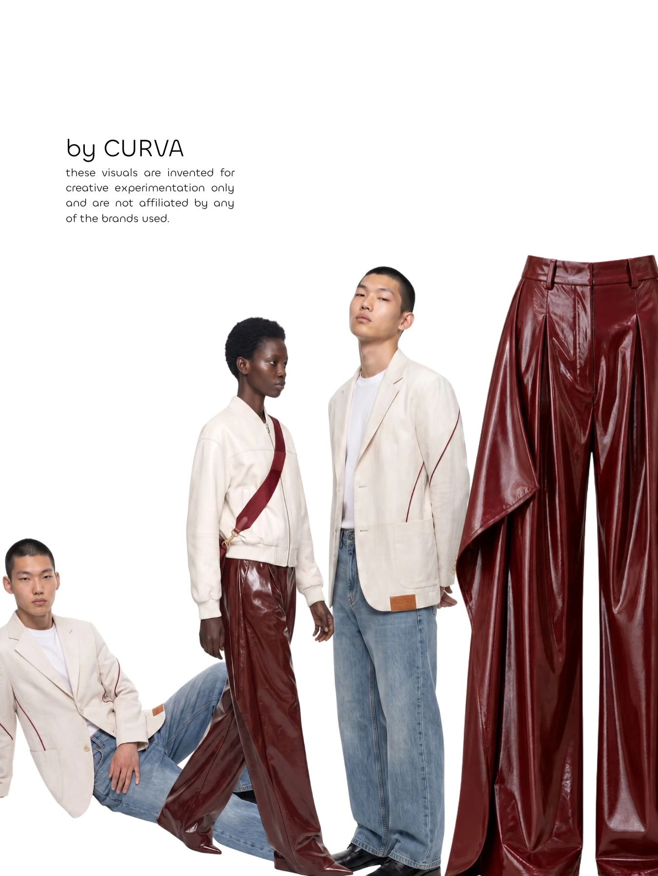 Collage sobre fondo blanco con tres modelos en blazer y bomber crudos, jeans y pantalón de charol bordó, más el mismo pantalón recortado aparte