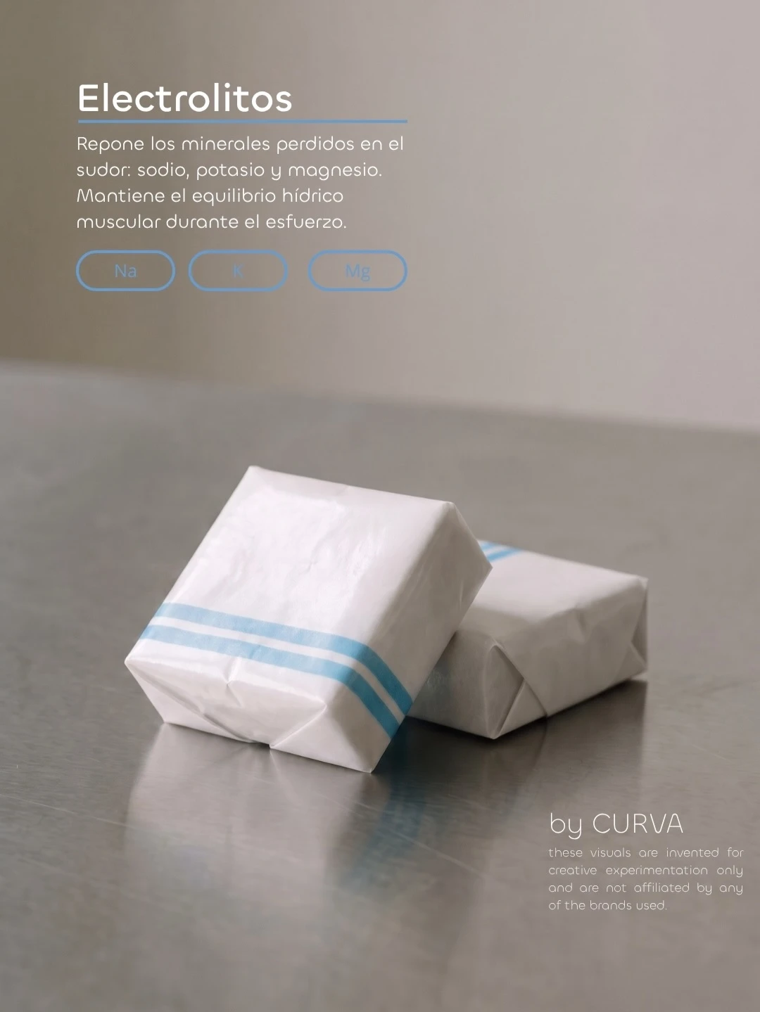 Dos caramelos envueltos en papel blanco con dos rayas celestes sobre una mesada gris, con el texto Electrolitos y su descripción sobreimpresos