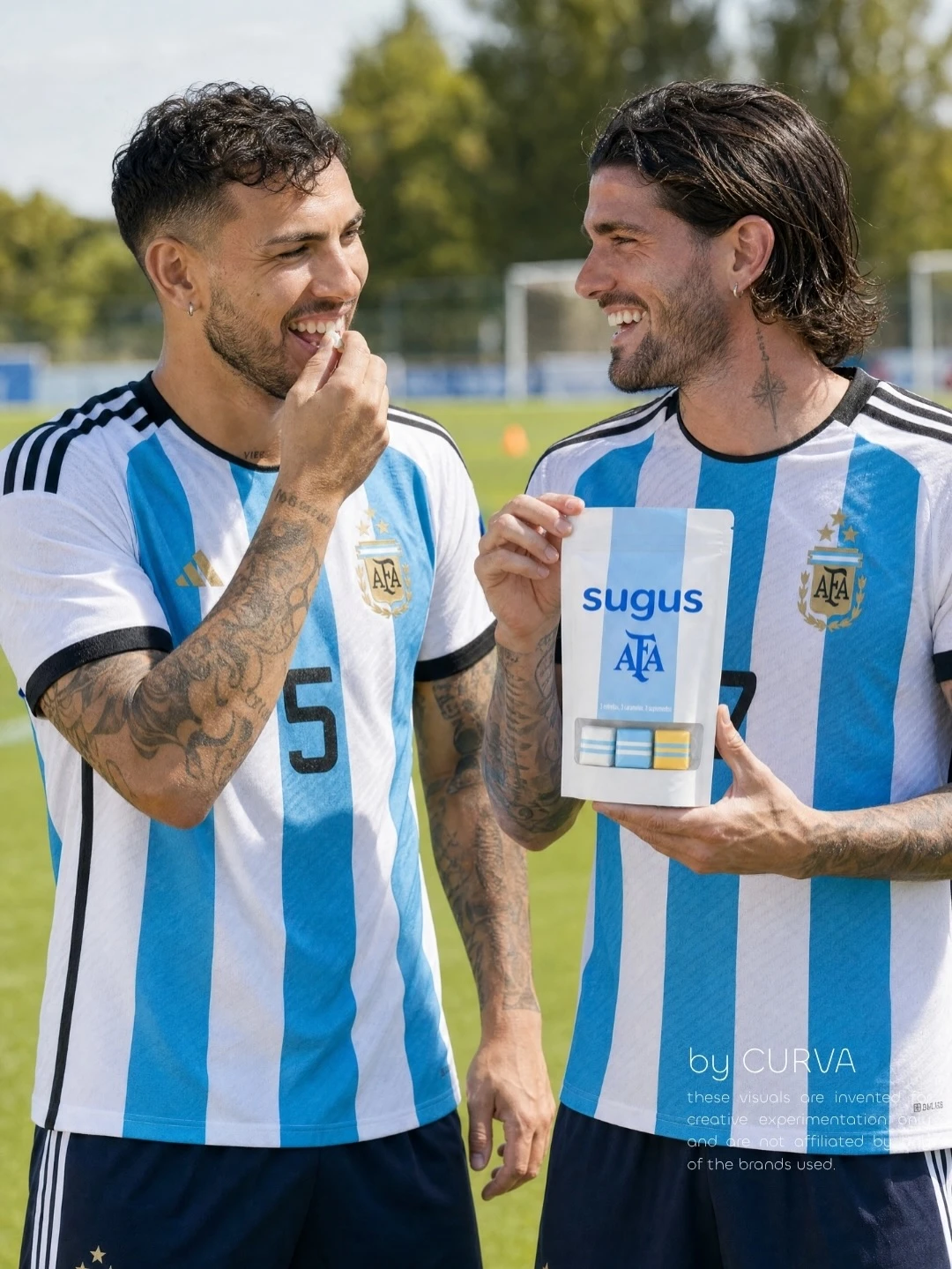 Dos futbolistas con la camiseta albiceleste de la Selección en una cancha, uno comiendo un caramelo y el otro mostrando un sachet con los logos sugus y AFA