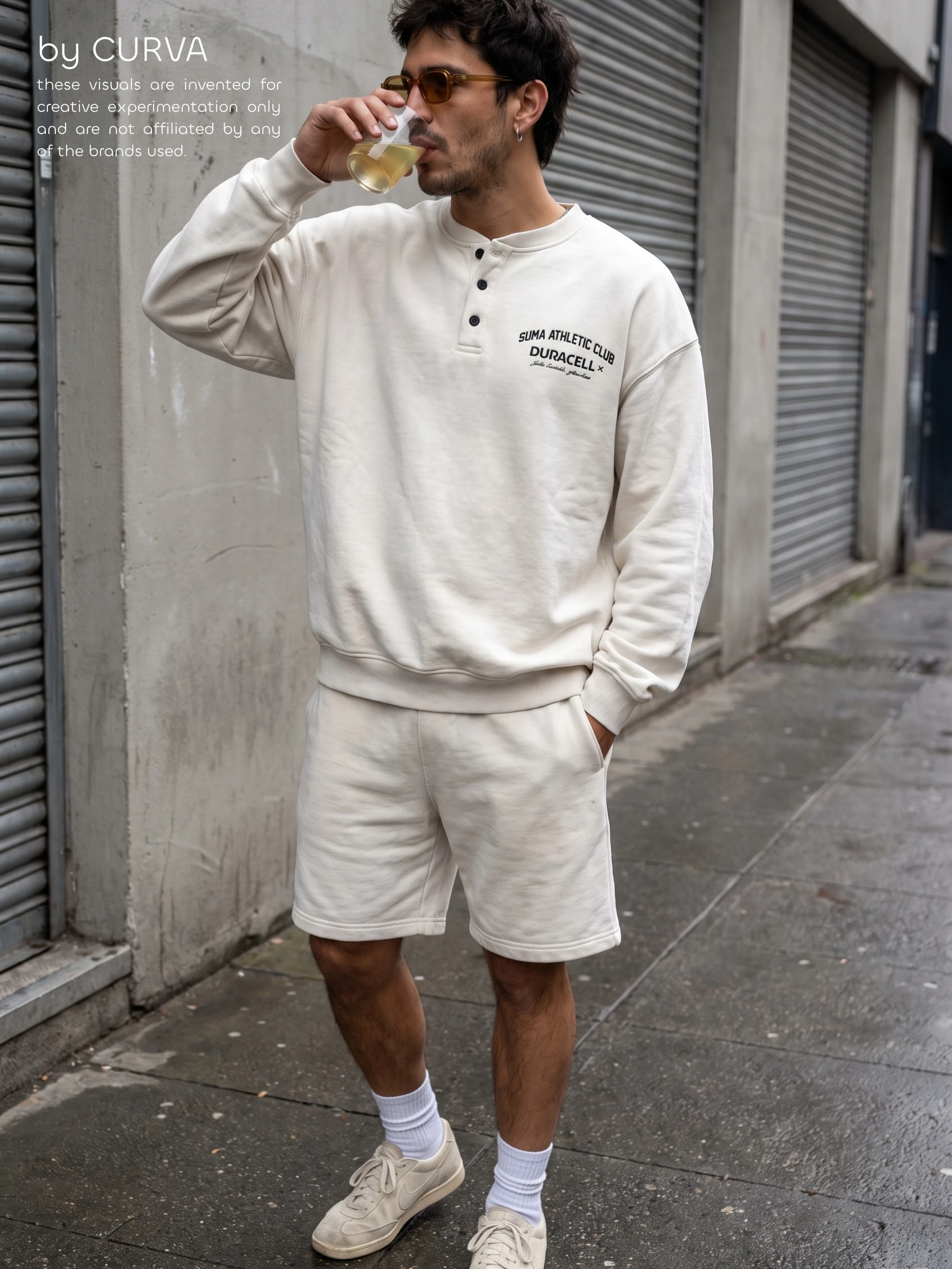 Hombre tomando de un vaso con buzo y short de frisa crudo estampados SUMA ATHLETIC CLUB DURACELL, medias blancas y zapatillas, en una vereda urbana