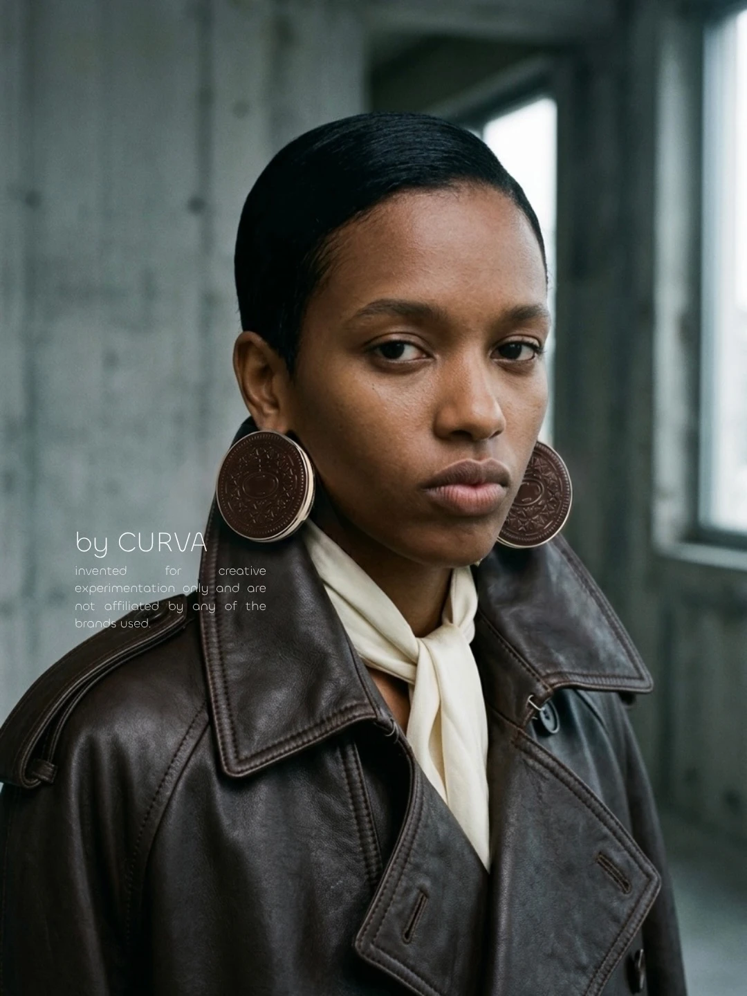 Retrato de modelo con campera de cuero marrón, pañuelo crudo al cuello y aros redondos con forma de galletita de chocolate, en un edificio de hormigón
