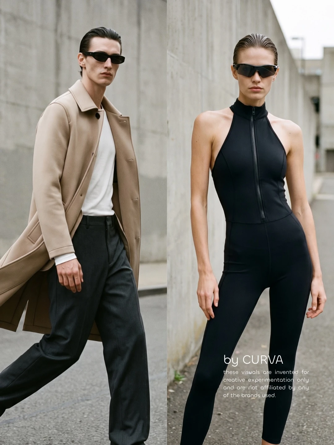 Díptico callejero: hombre con sobretodo beige, remera blanca y pantalón gris oscuro, y mujer con mono negro deportivo de cierre, ambos con anteojos de sol