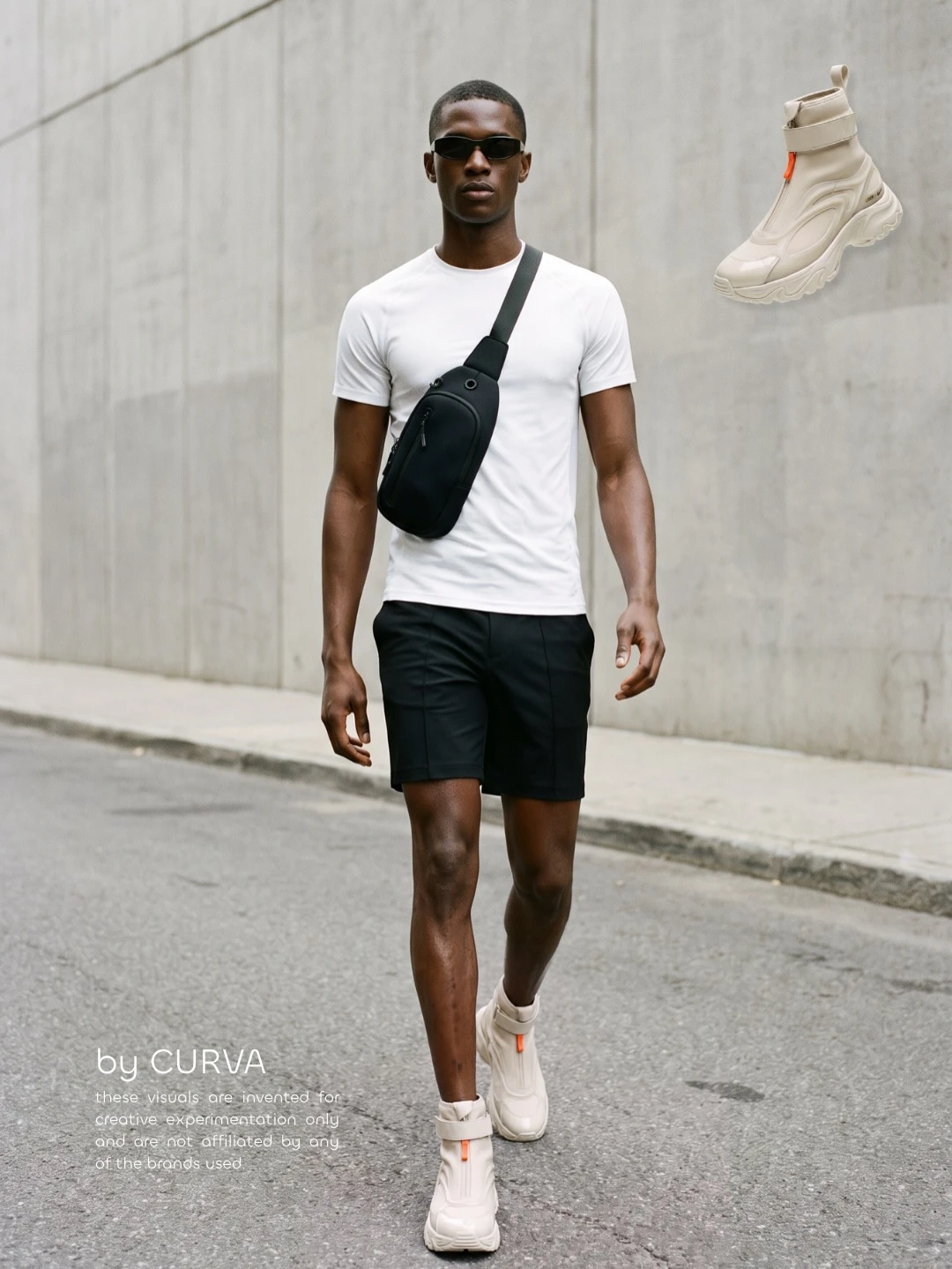 Hombre caminando por la calle con remera blanca, short negro, riñonera cruzada y botitas beige, con la zapatilla recortada sobre la pared de cemento