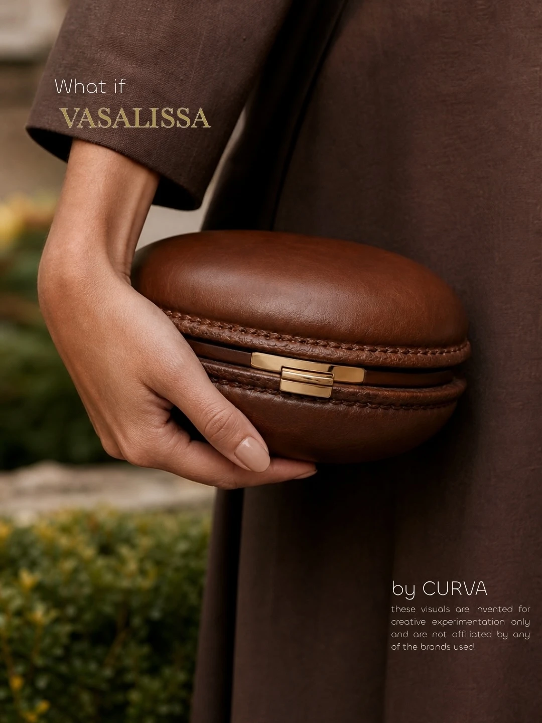 Mano sosteniendo una cartera rígida redonda de cuero marrón con broche dorado junto a un vestido marrón, con el texto What if VASALISSA sobreimpreso