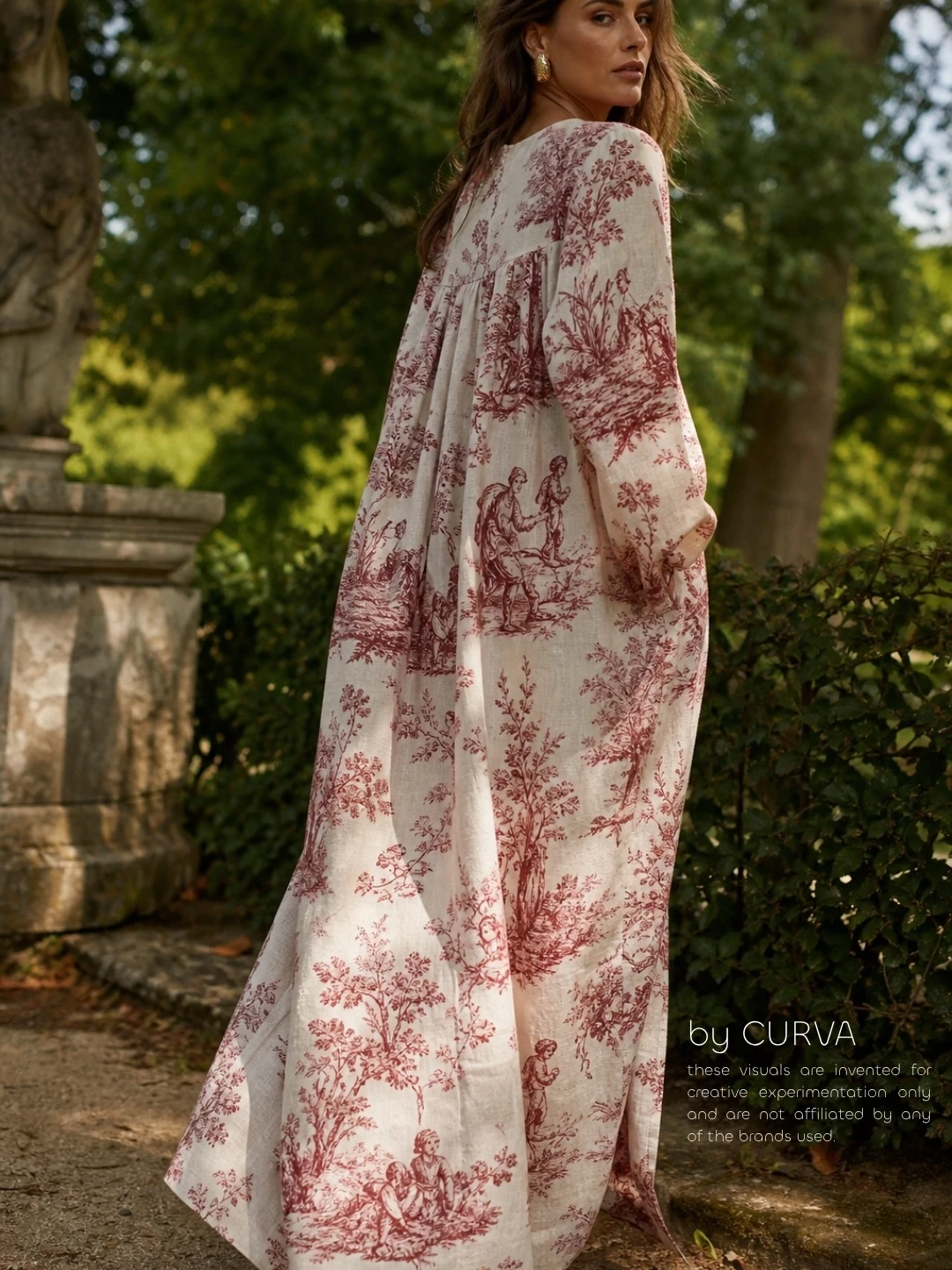 Modelo de espalda con vestido largo y amplio de lino estampado toile de jouy bordó sobre crudo, caminando por un jardín con una estatua de piedra