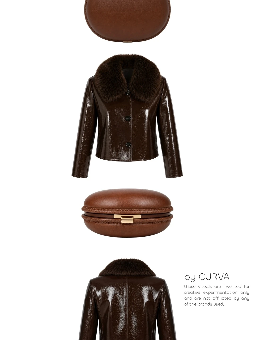 Ficha de producto sobre fondo blanco con la cartera redonda de cuero marrón y la campera de charol con cuello de piel vistas de frente y de espalda